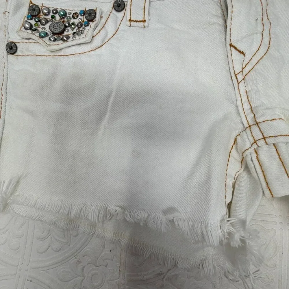 Vintage True Religion White Distressed Joey Cut Off Embellished Shorts Size 26
